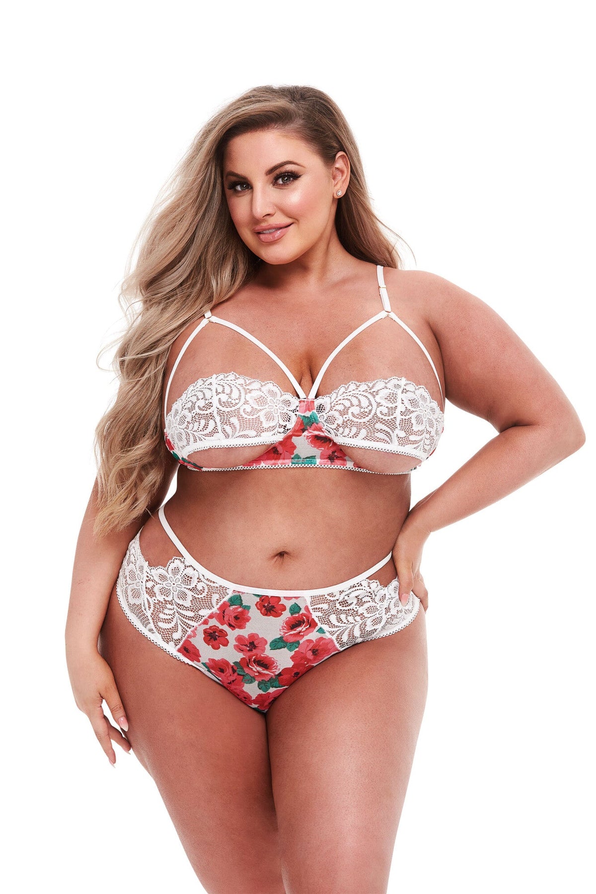 Completo reggiseno bianco con fiori e pizzo, QS